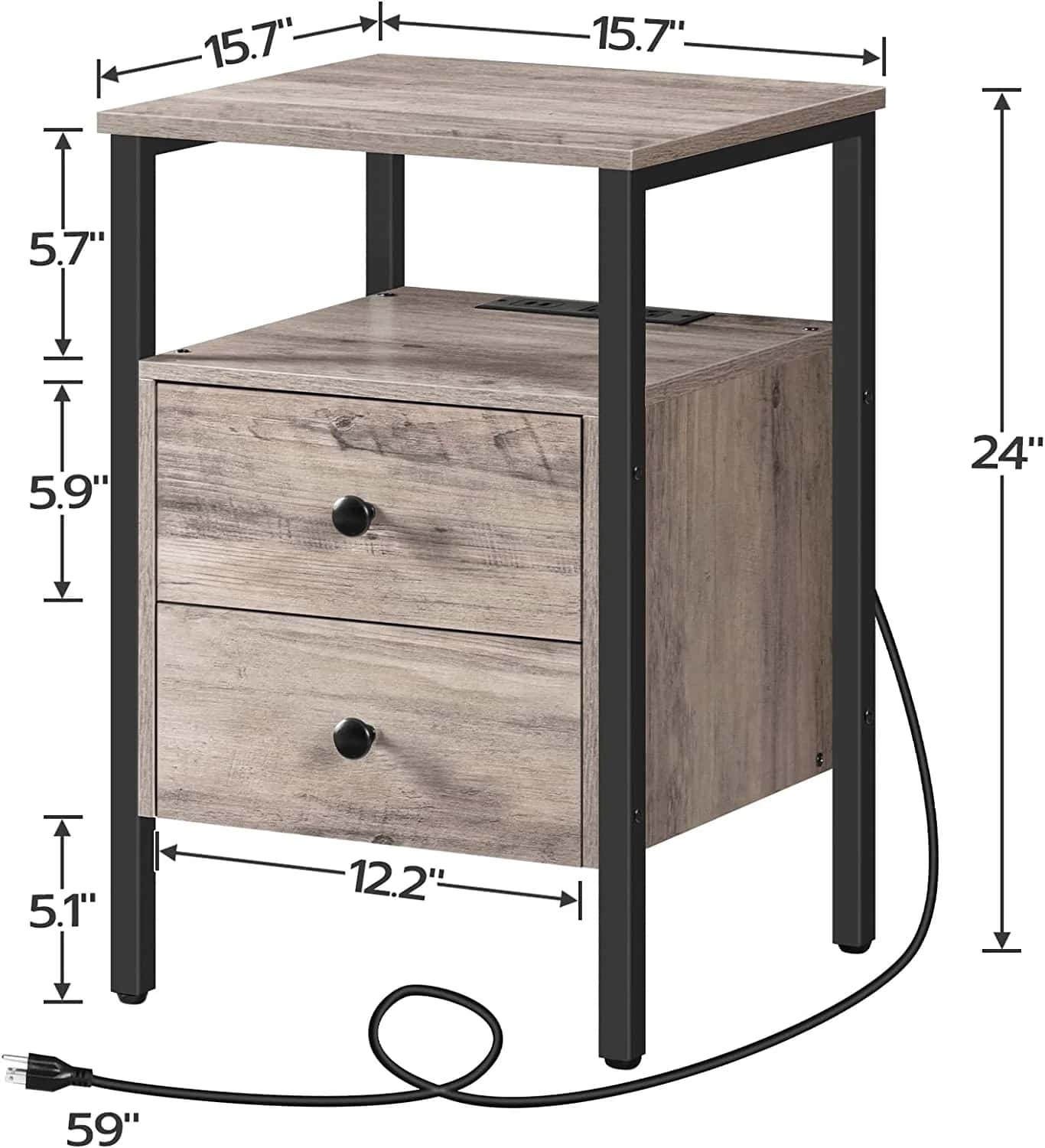 Wooden nightstand with two drawers and dimensions labeled