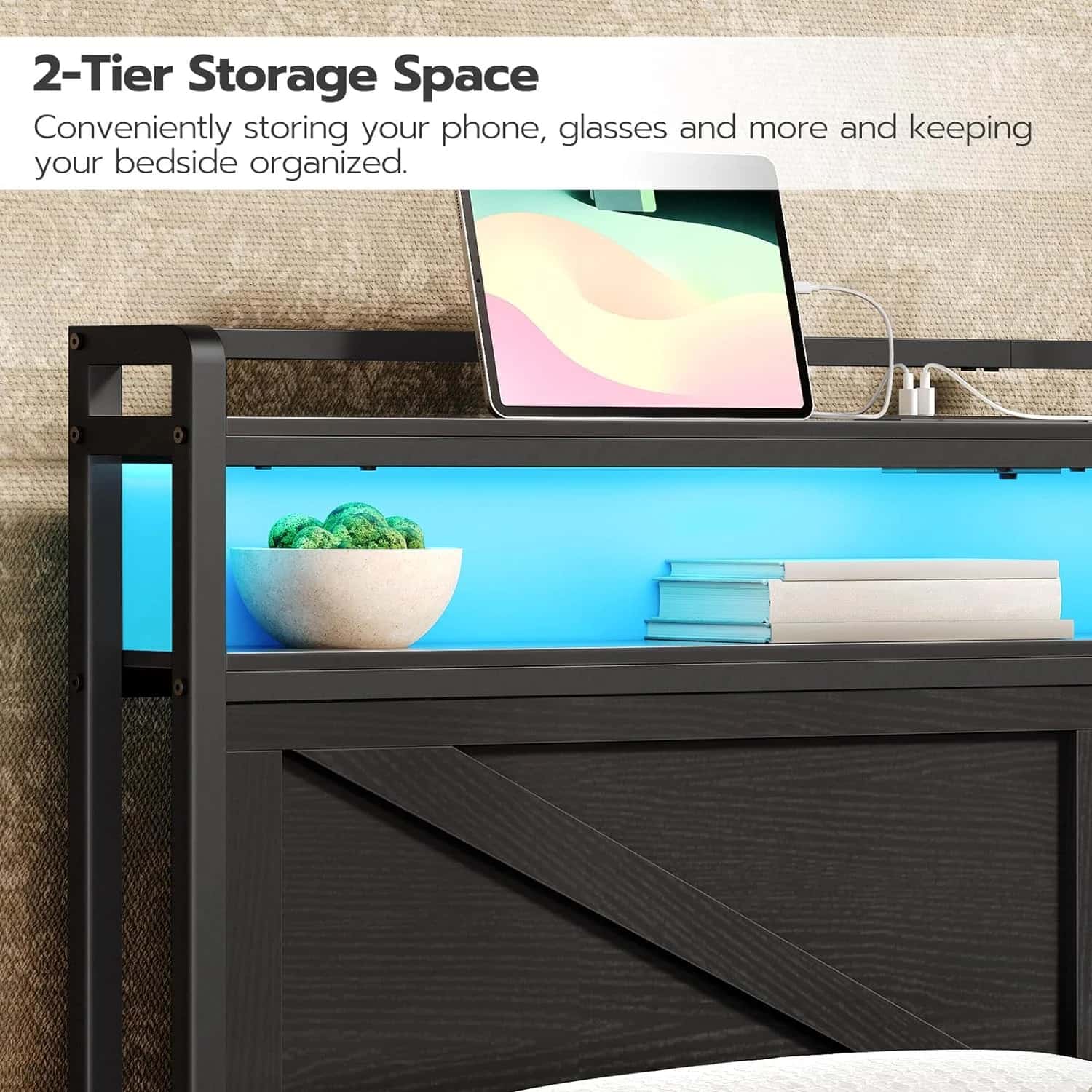 Bedside table with 2-tier storage space featuring a tablet, books, and a bowl.