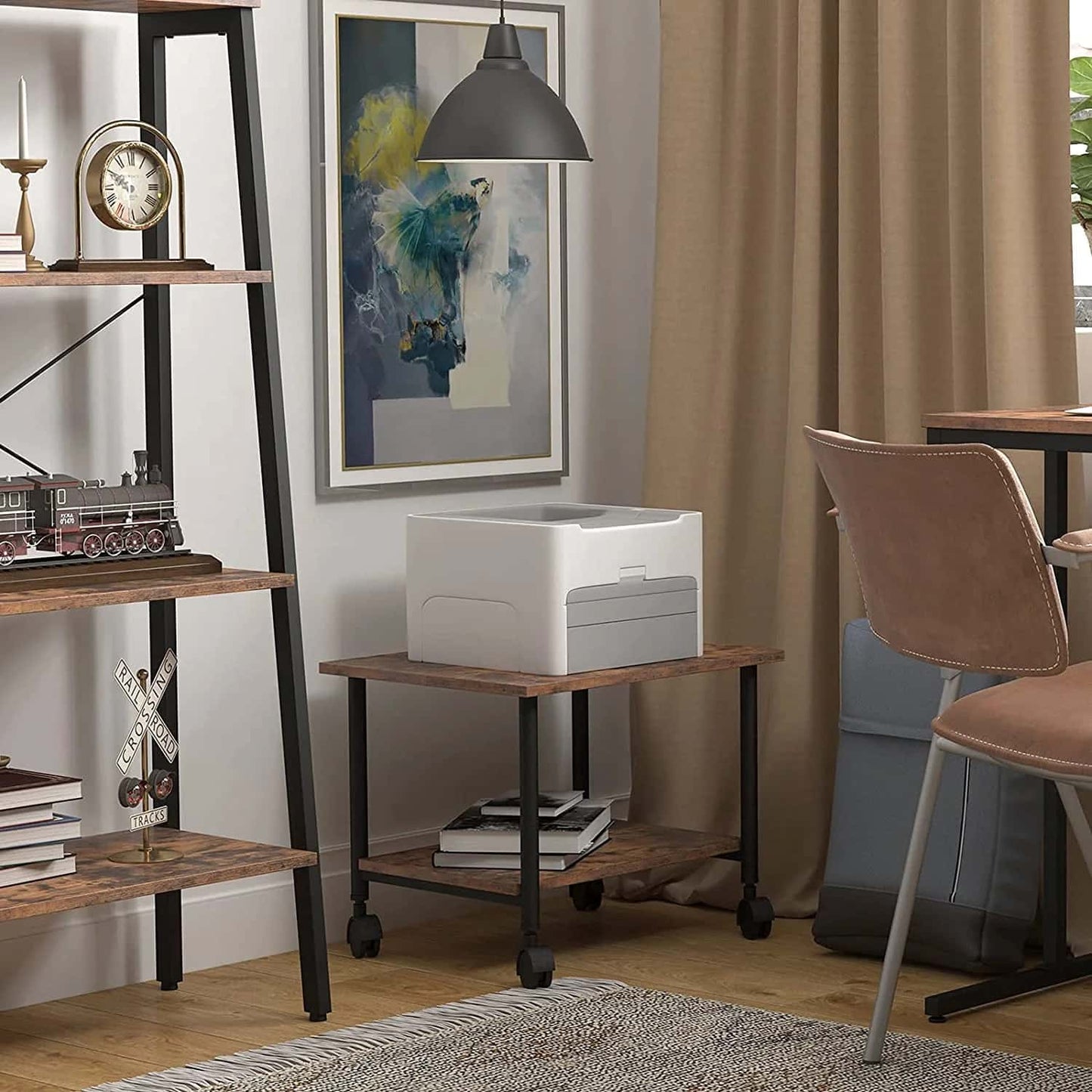 White printer on a wooden table in a room with shelves, books, and a chair.