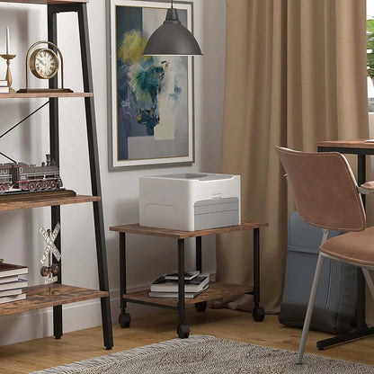 White printer on a wooden table in a room with shelves, books, and a chair.