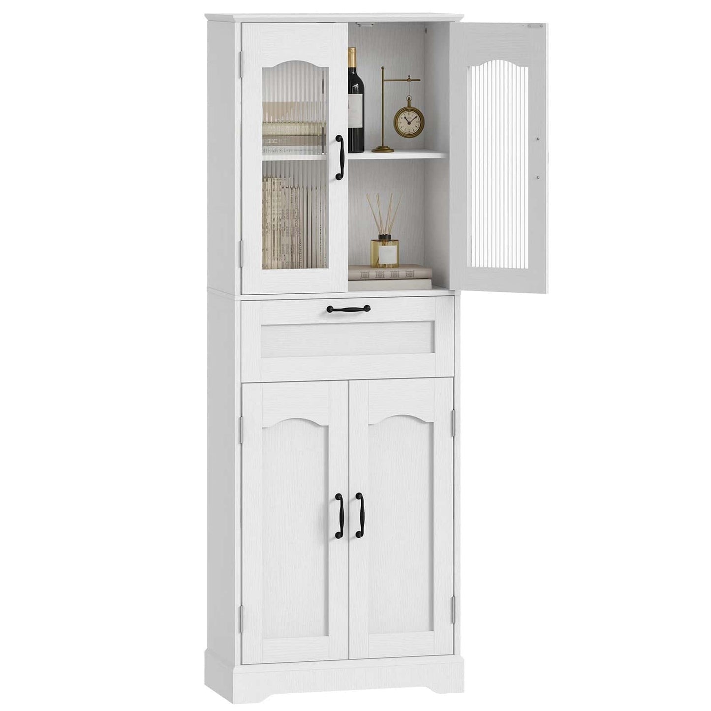 White cabinet with glass doors and a clock on a white background
