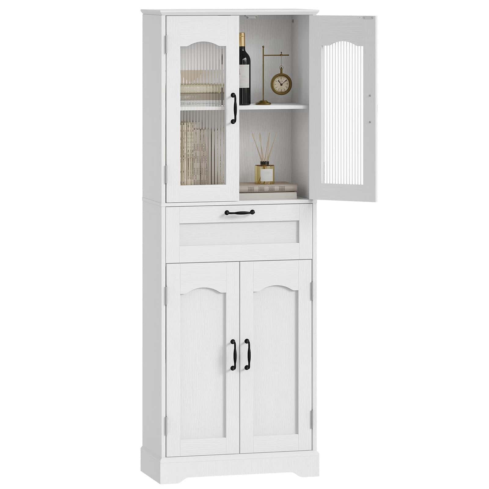 White cabinet with glass doors and a clock on a white background