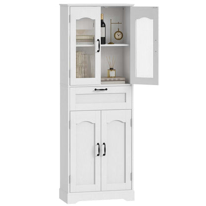 White cabinet with glass doors and a clock on a white background