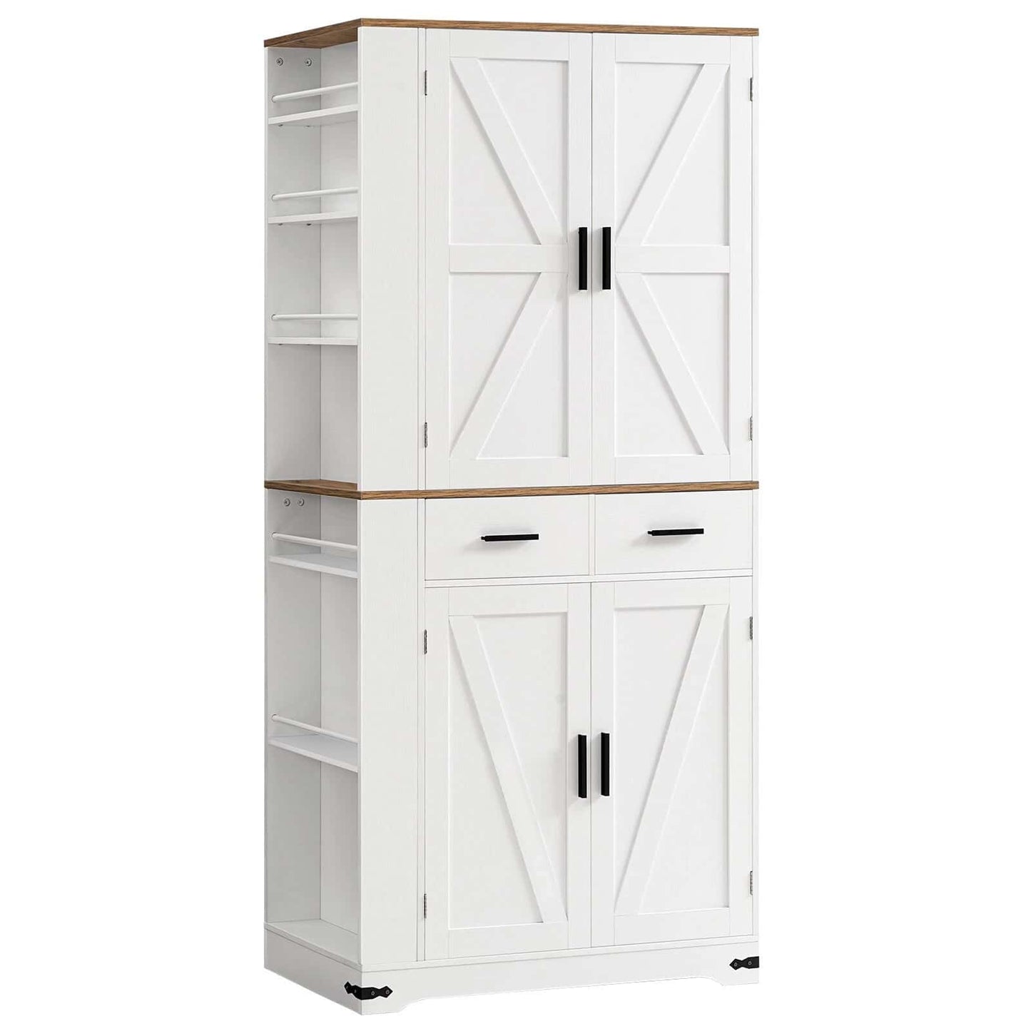 White storage cabinet with wooden top and doors on a white background