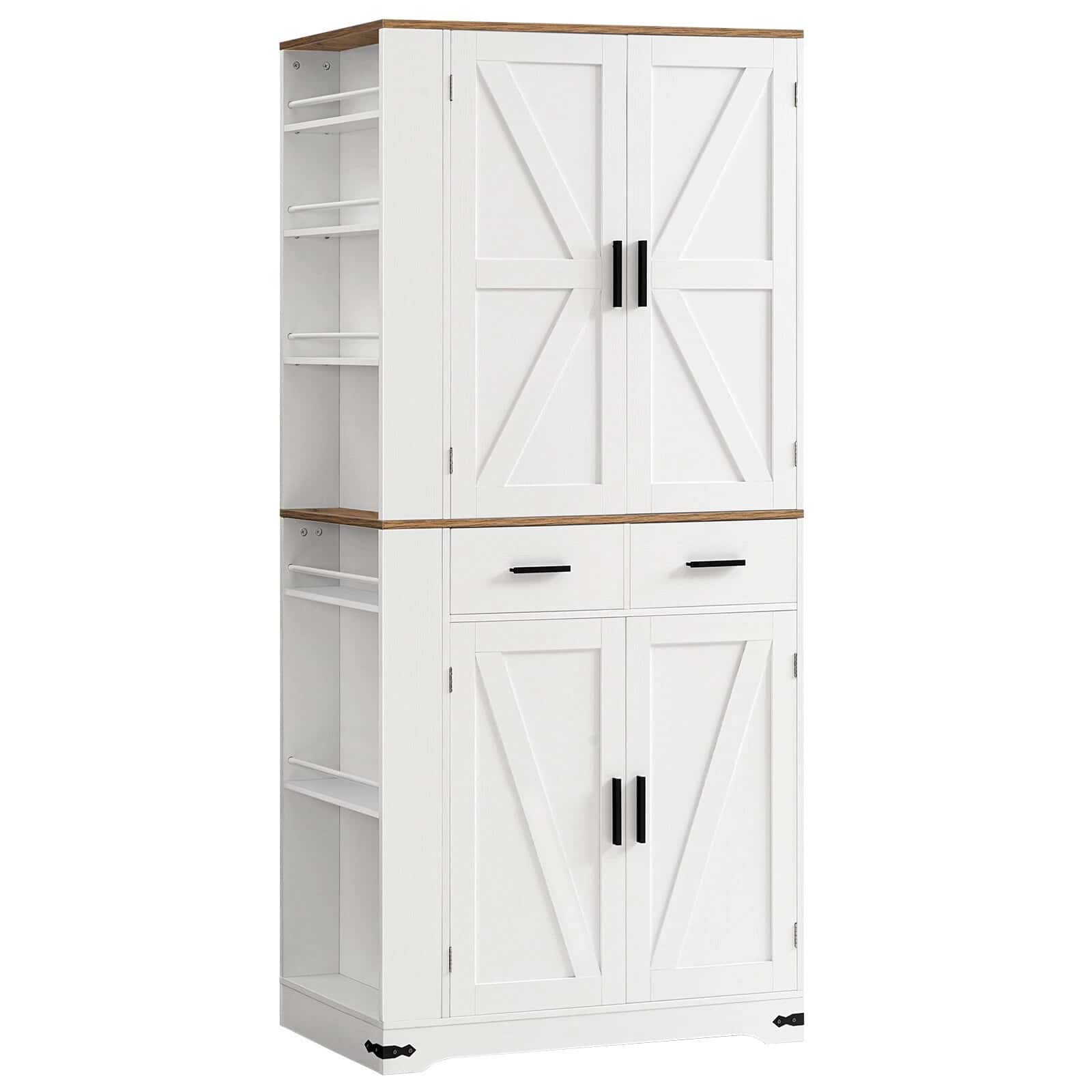 White storage cabinet with wooden top and doors on a white background