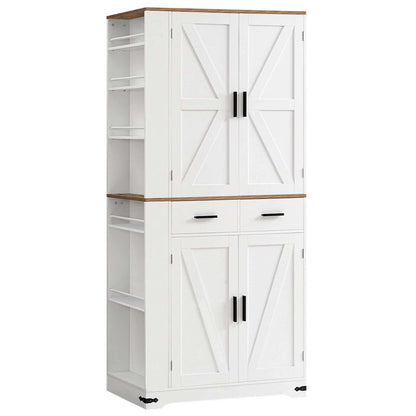 White storage cabinet with wooden top and doors on a white background