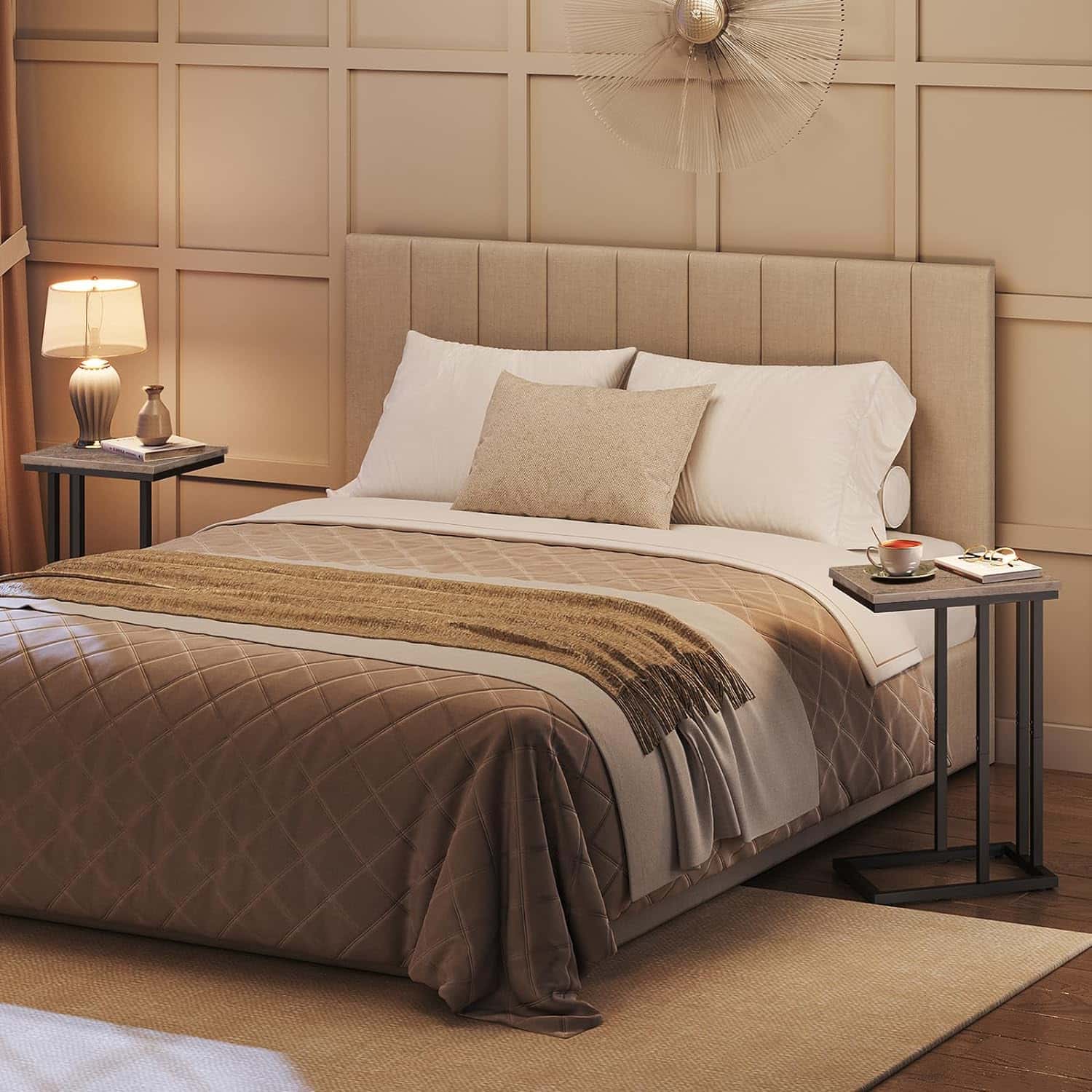 Neatly made bed with beige and brown bedding in a bedroom setting.