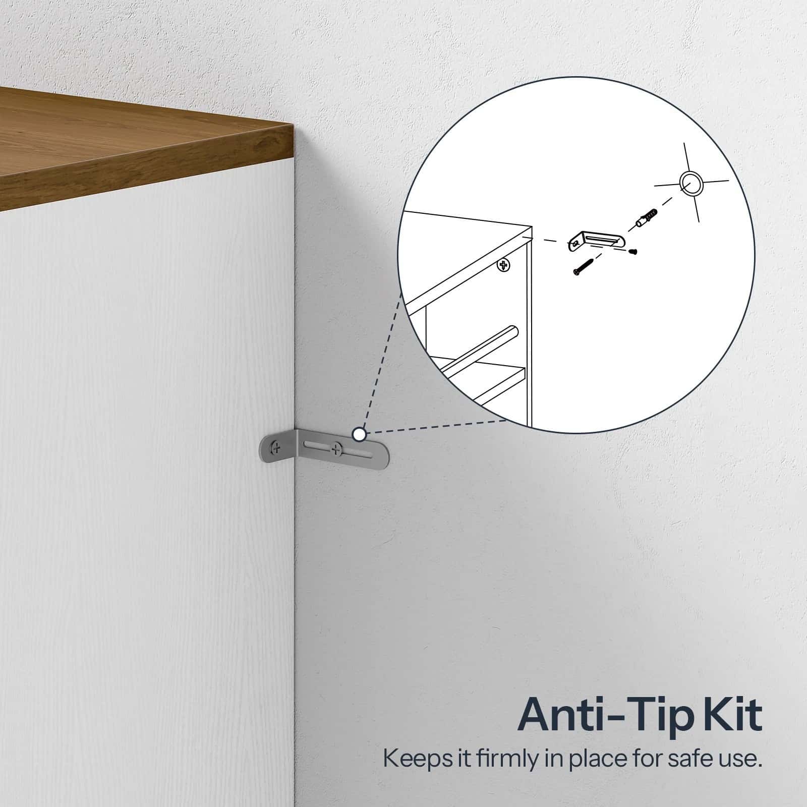 Anti-tip kit installation on a corner of a wooden shelf against a white wall.