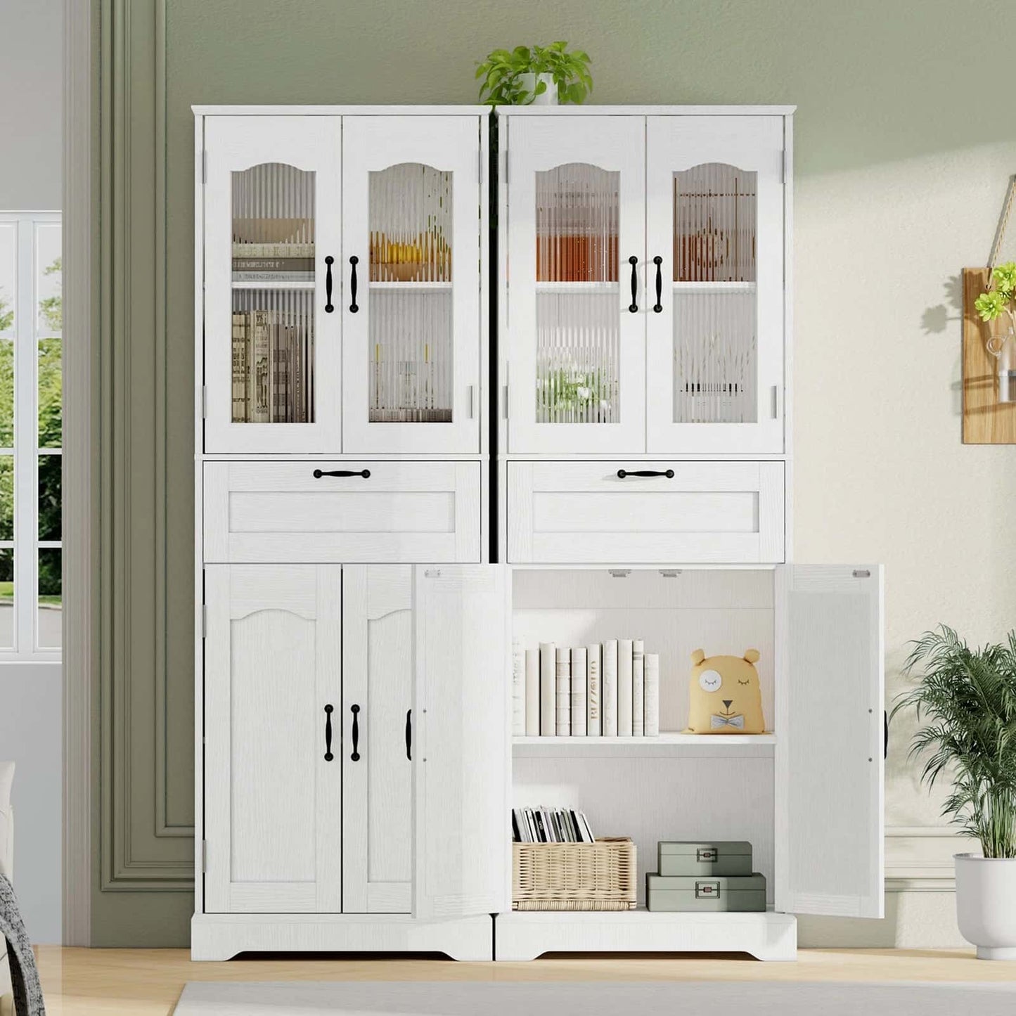 White storage cabinet with glass doors in a room setting