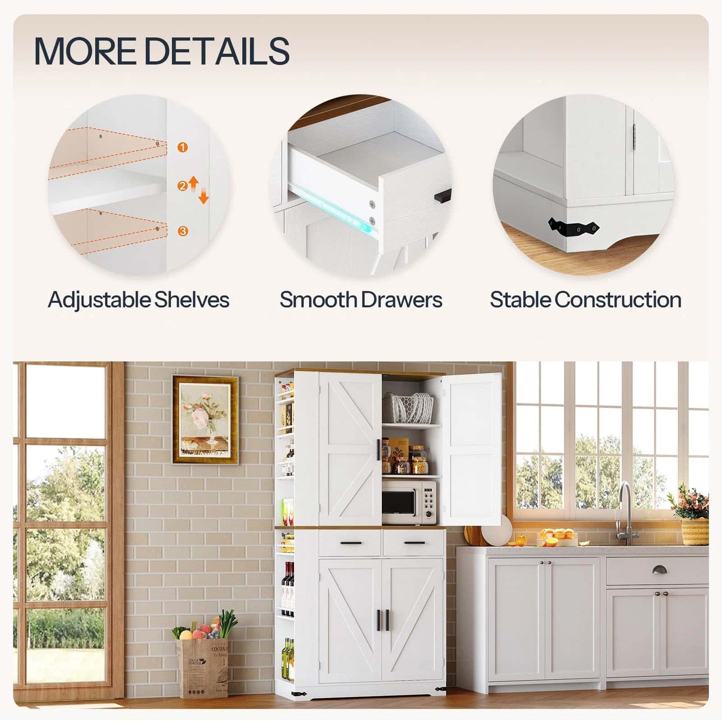 White kitchen cabinets with adjustable shelves, smooth drawers, and stable construction features.