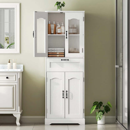 White cabinet with open doors in a bathroom setting