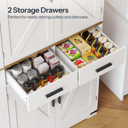 White kitchen cabinet with open drawers containing cutlery and dishware, labeled '2 Storage Drawers'.
