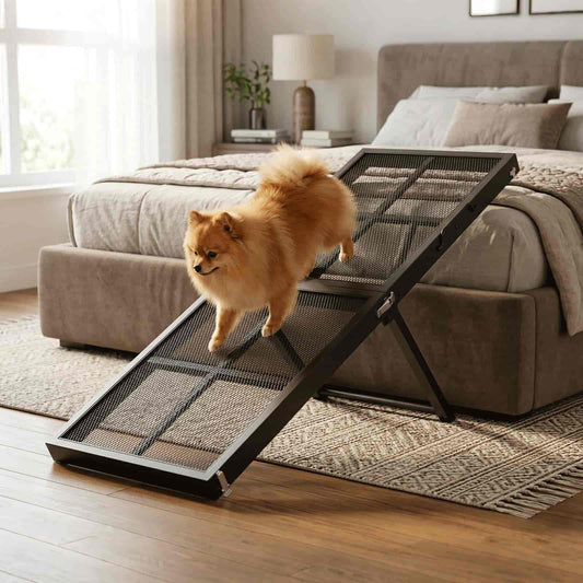 Dog using a pet ramp in a bedroom