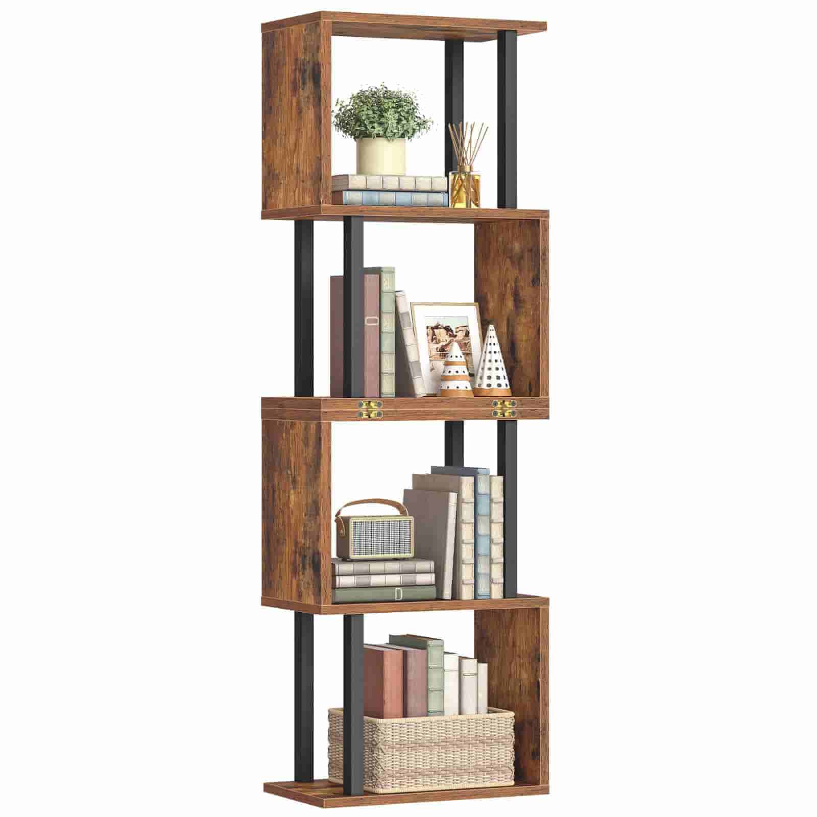 Wooden bookshelf with decorative items on a white background