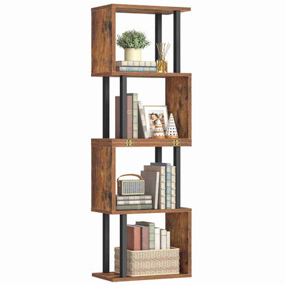Wooden bookshelf with decorative items on a white background