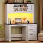 HOOBRO 47.4-inch Farmhouse Computer Desk with Hutch, LED Light & Charging Station