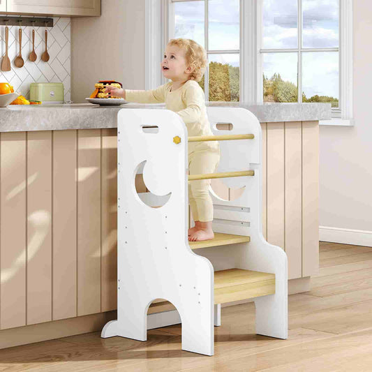 Child using a step stool in a kitchen