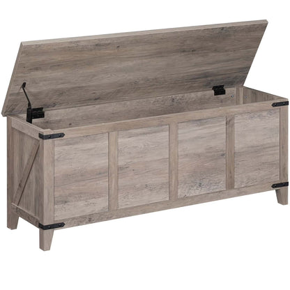Wooden storage bench with open lid on a white background