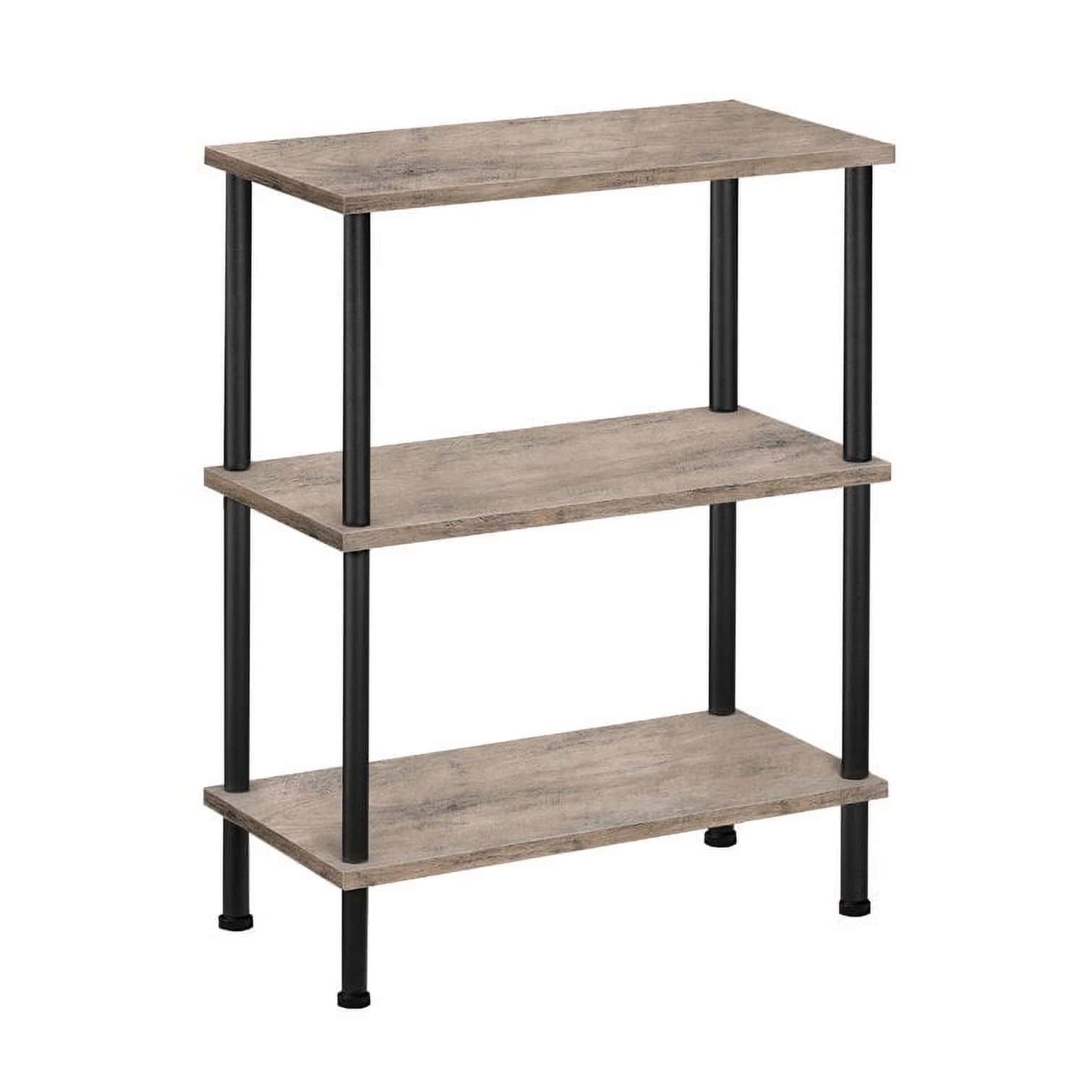 Three-tiered shelf with wooden shelves and black metal legs on a white background