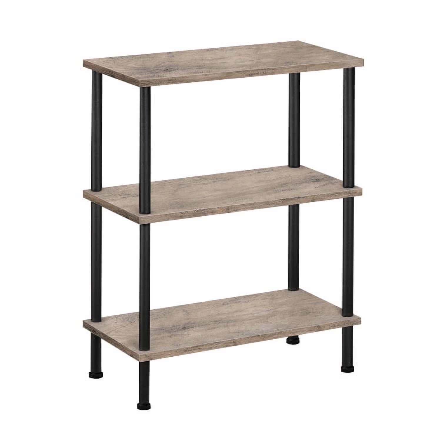 Three-tiered shelf with wooden shelves and black metal legs on a white background