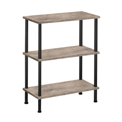 Three-tiered shelf with wooden shelves and black metal legs on a white background