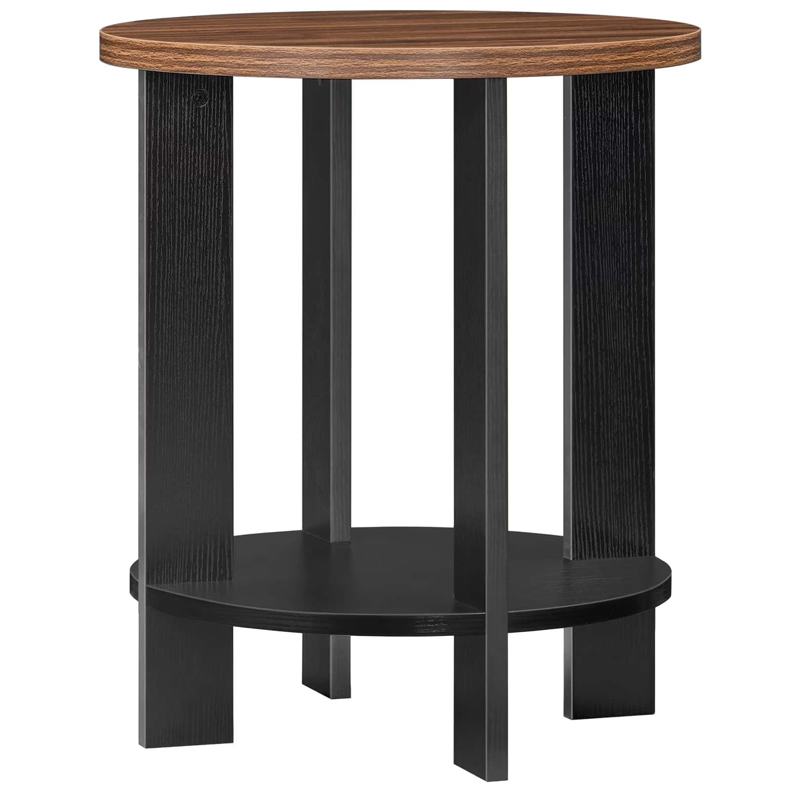 Small round table with wooden top and black base on a white background