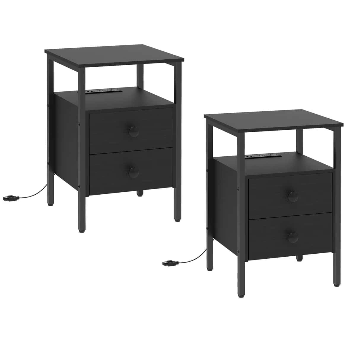 Two black nightstands with drawers on a white background