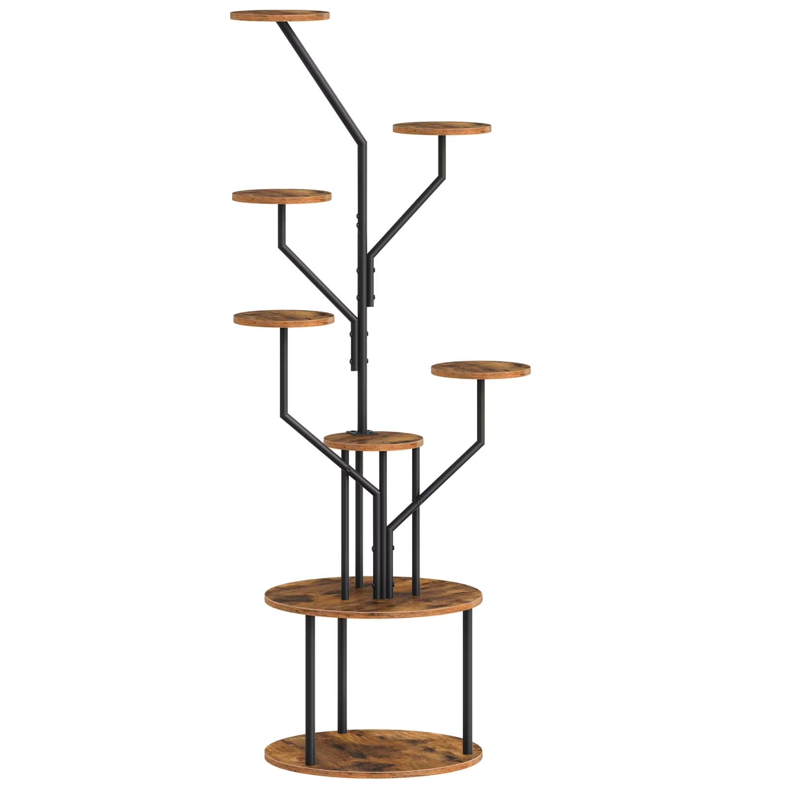 Tree-like shelf with wooden platforms and black metal branches on a white background