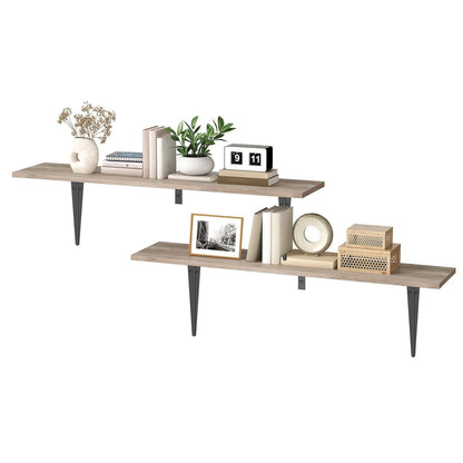 Two wooden shelves with decorative items on a white background