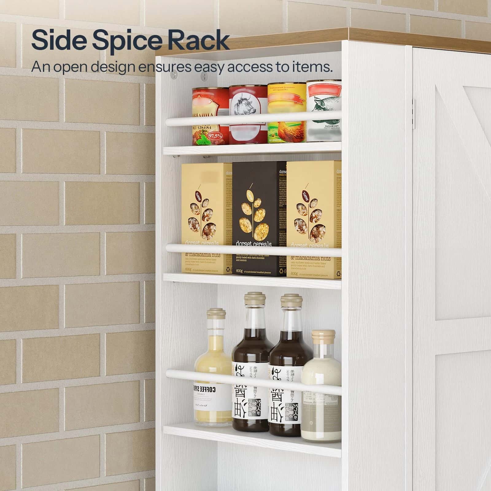 White side spice rack with various items against a tiled wall.