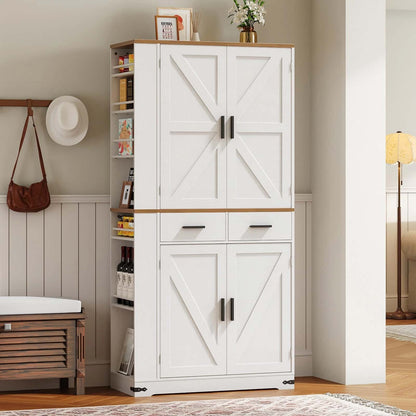 White storage cabinet with wooden accents in a room setting