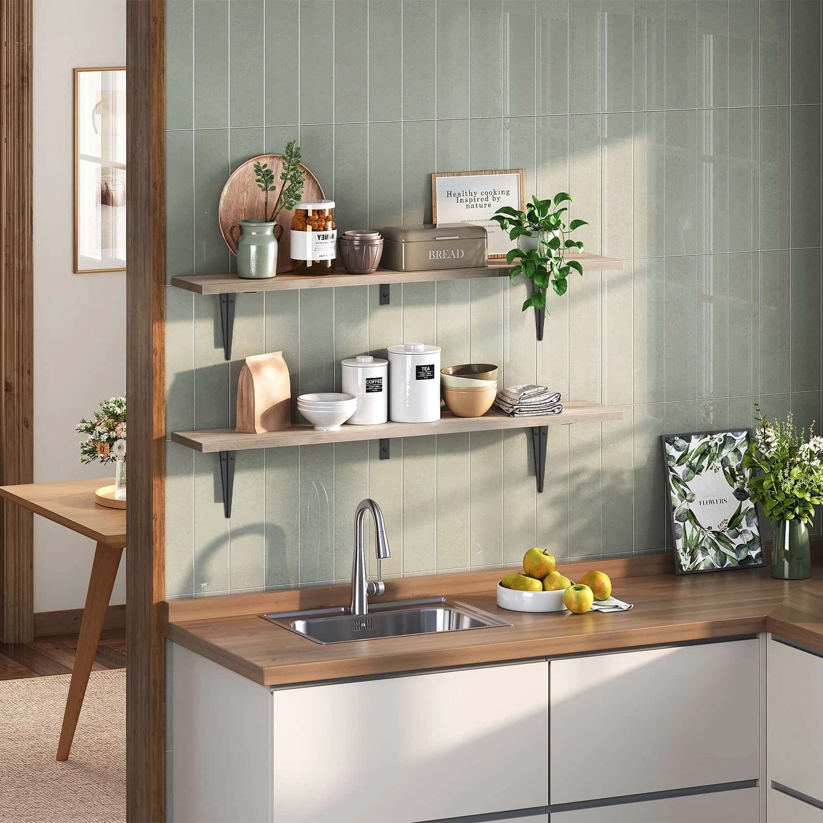 Modern kitchen with wooden countertops, shelves, and a sink.