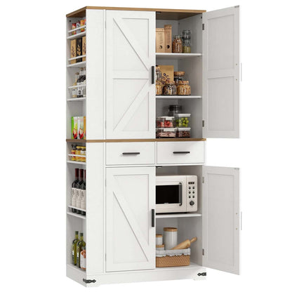 White kitchen pantry with wooden accents and open doors displaying various items.
