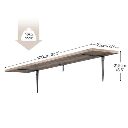 Wooden shelf with dimensions and weight capacity indicated on a white background
