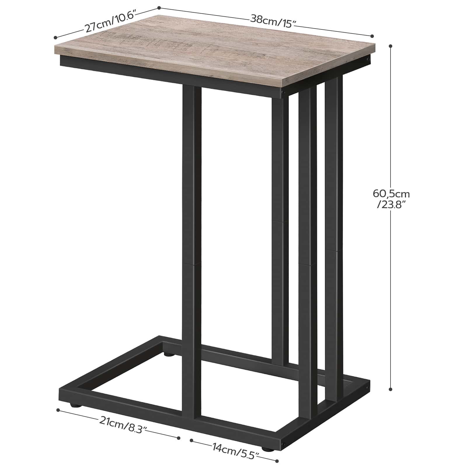 Small wooden table with black metal frame and dimensions labeled on a white background
