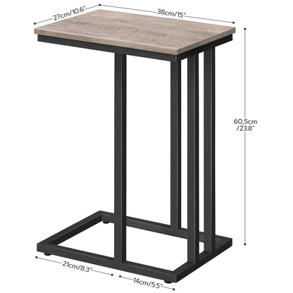 Small wooden table with black metal frame and dimensions labeled on a white background