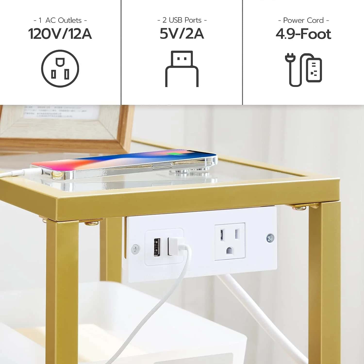Small table with power outlets and USB ports on a white background