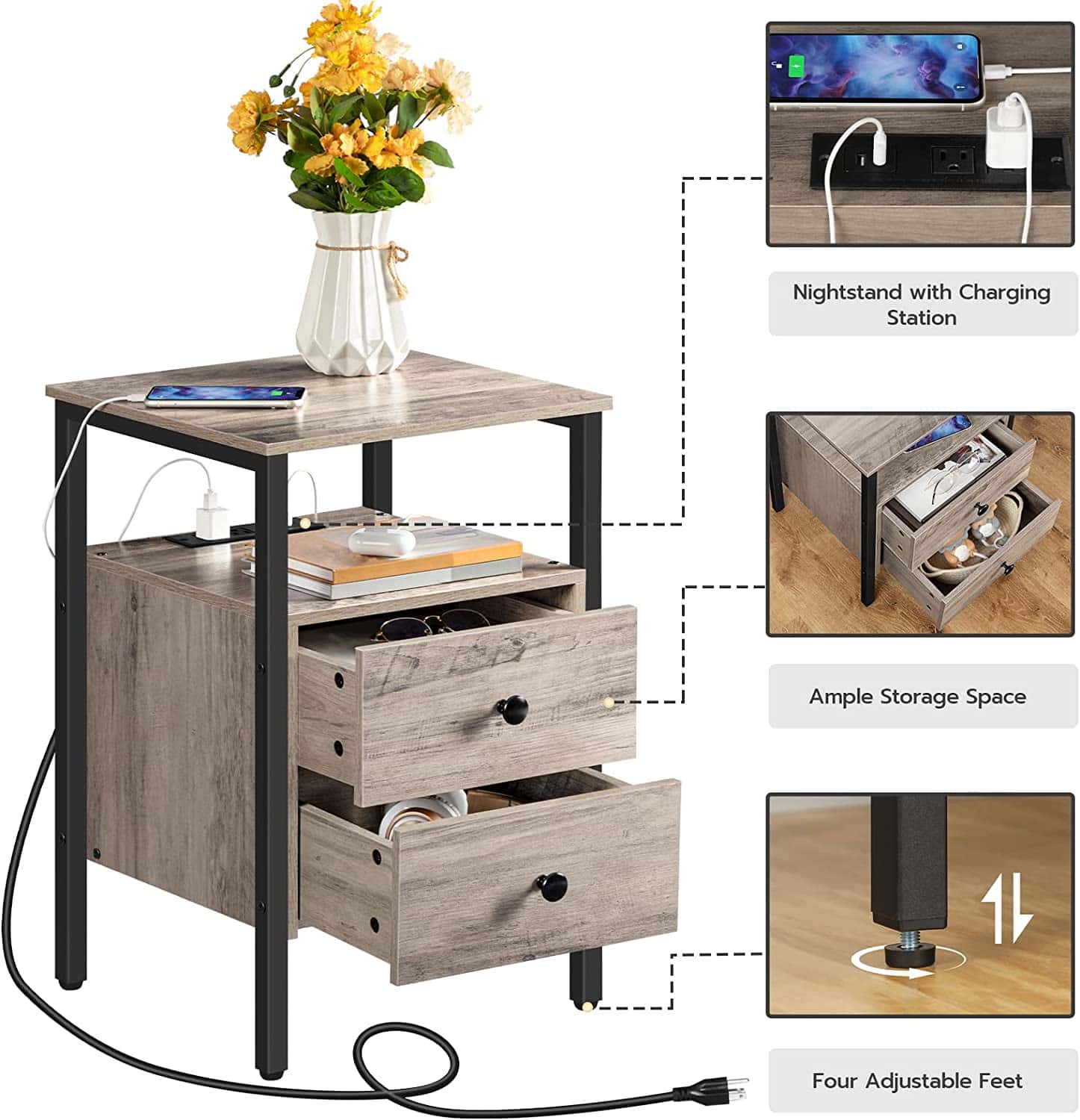 Wooden nightstand with charging station, storage drawers, and adjustable feet, featuring a vase of flowers and a phone.