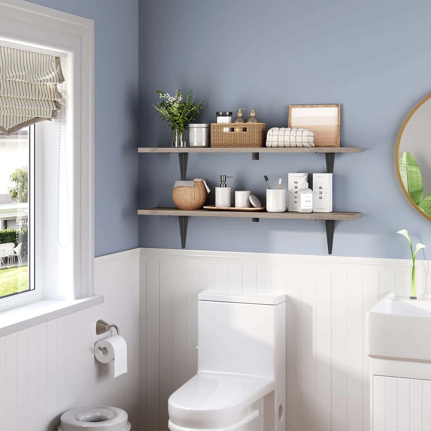 Bathroom interior with shelves, toilet, and window