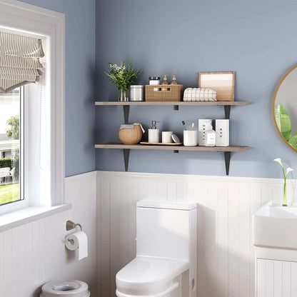 Bathroom interior with shelves, toilet, and window