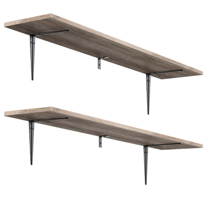 Two wooden wall shelves with metal brackets on a white background