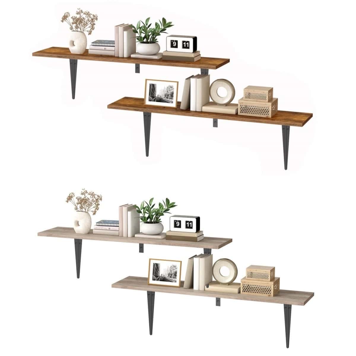 Set of four wooden shelves with decorative items on a white background