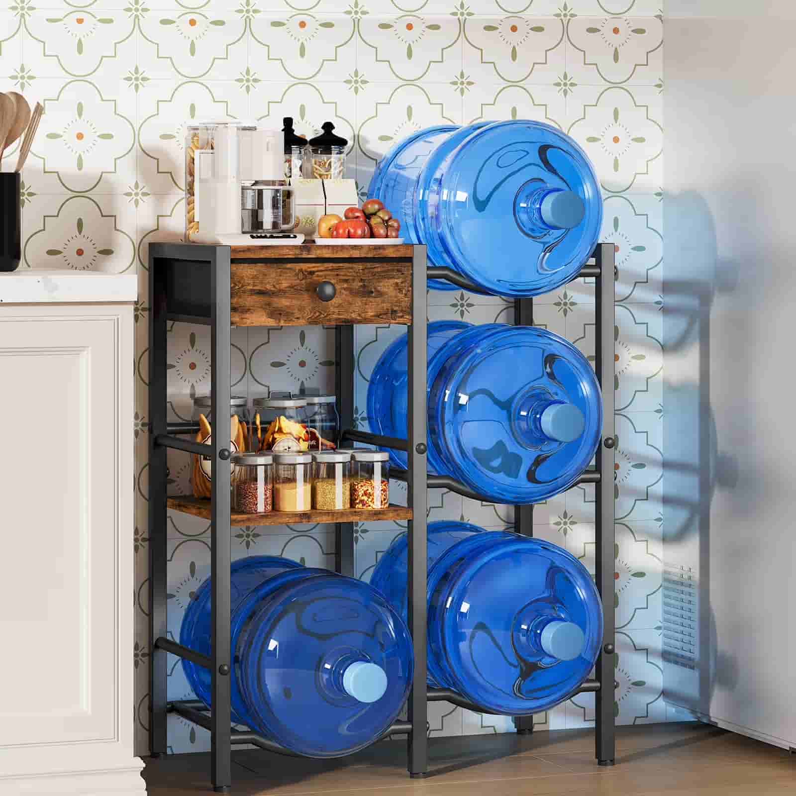 Blue water jugs on a metal rack against a decorative wall.