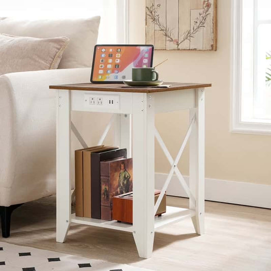 White side table with wooden top in a living room setting