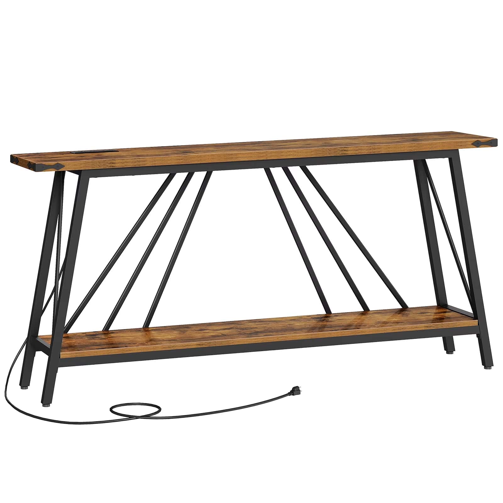 Console table with wooden top and black metal legs on a white background