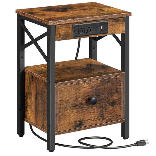 Wooden side table with power outlet and cable on a white background