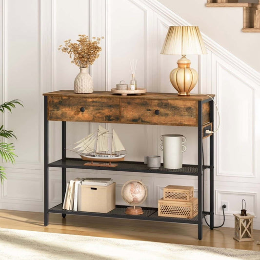 Wooden console table with decorative items in a room setting
