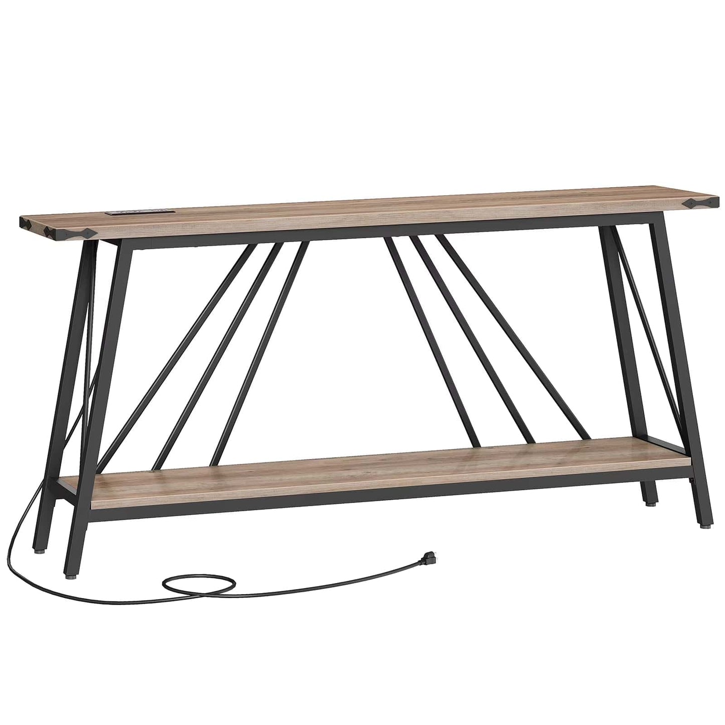 Console table with wooden top and black metal legs on a white background