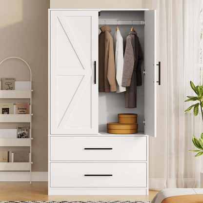 White wardrobe with open doors displaying clothes and boxes, in a room setting.