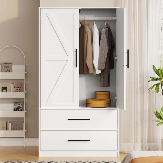 White wardrobe with open doors displaying clothes and boxes, in a room setting.